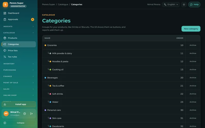 Group products into categories and sub-categories, each with its own colour on the till.
