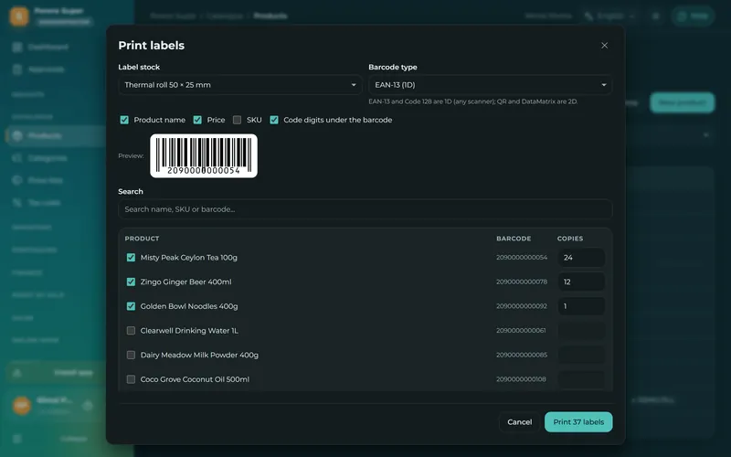 Print shelf and price labels with barcodes on a thermal printer or A4 sheets.