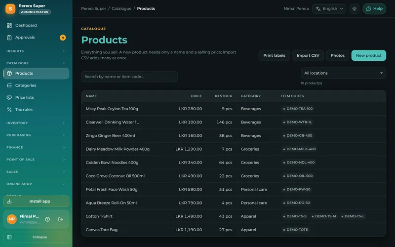 All your products with photos, prices and barcodes in one tidy list.