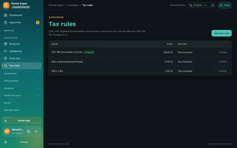 VAT, zero-rated and SSCL set up once and applied on every sale.