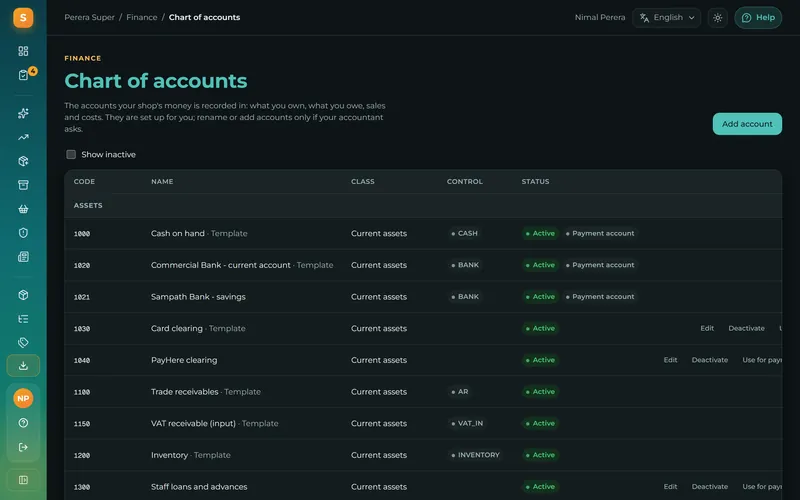 A Sri Lankan chart of accounts ready from day one, and yours to extend.