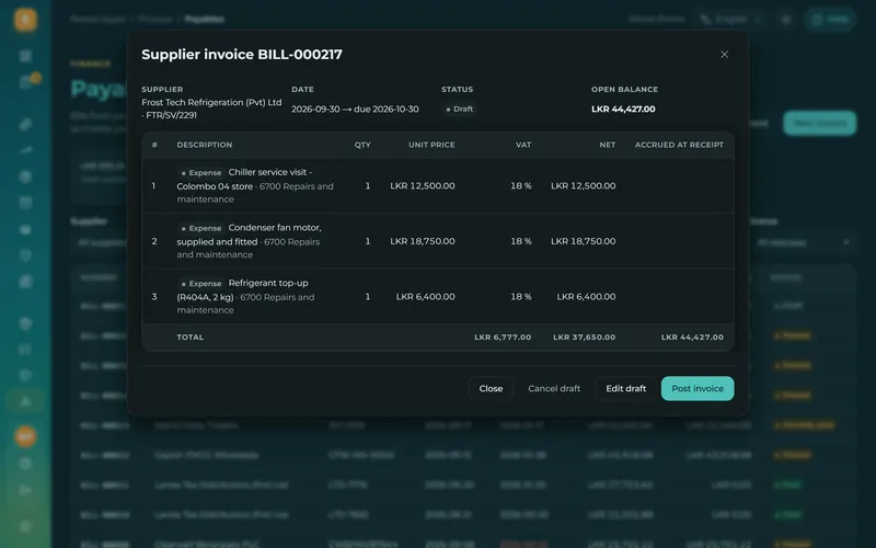 Bills with VAT line by line, posted to the right accounts for you.