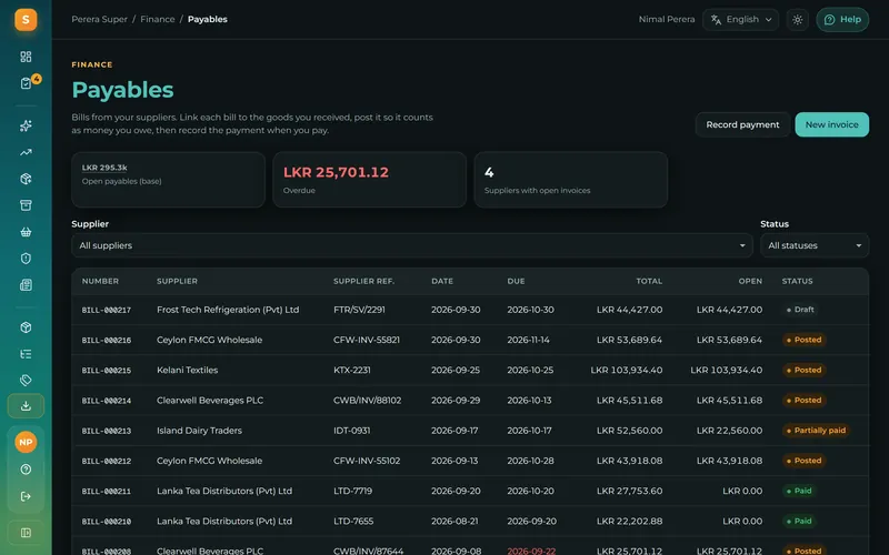 Every supplier bill with its due date, so you never pay late or twice.