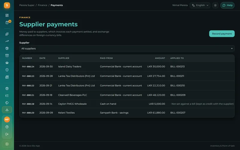 Pay suppliers from your bank or cash account, note the cheque or transfer reference, and settle bills in one step.