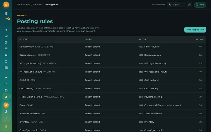 Choose which account each kind of transaction goes to, per branch if you like.