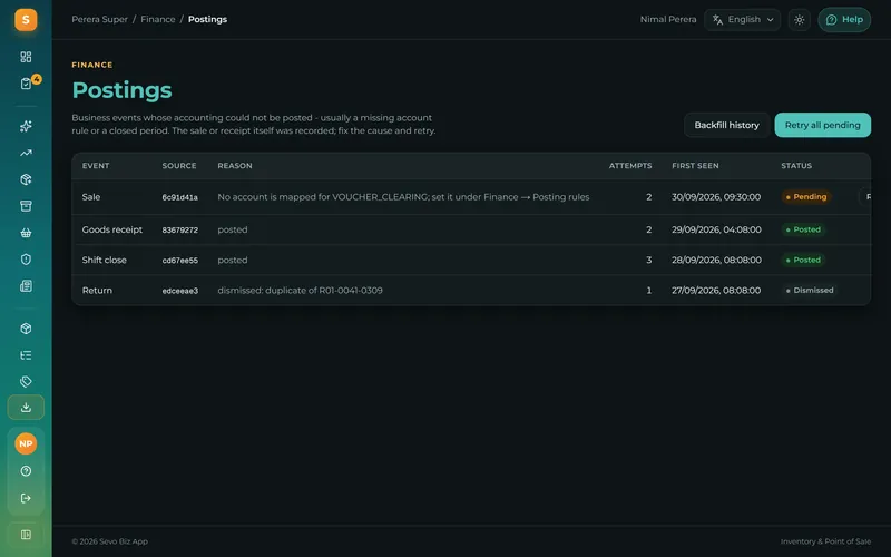 Anything that could not be posted is listed with the reason and a retry button.
