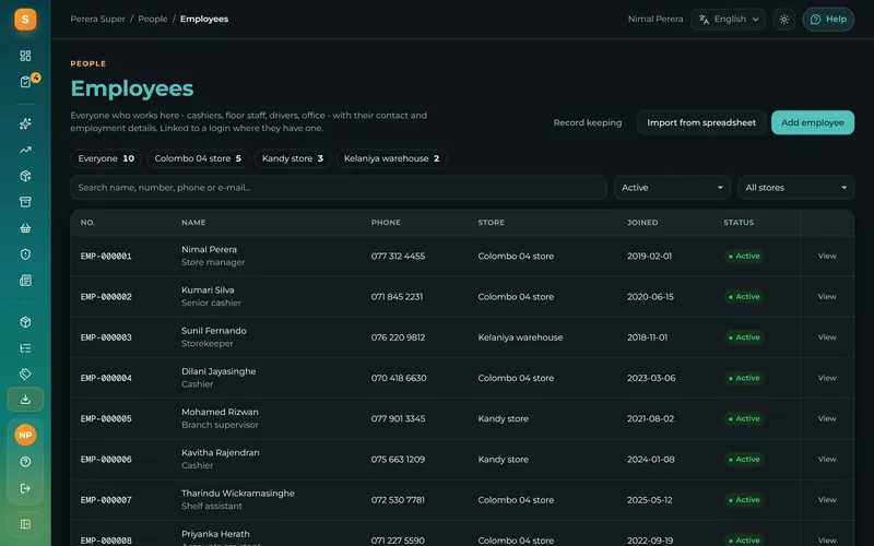 Your staff records in one place, from joining date to EPF number.