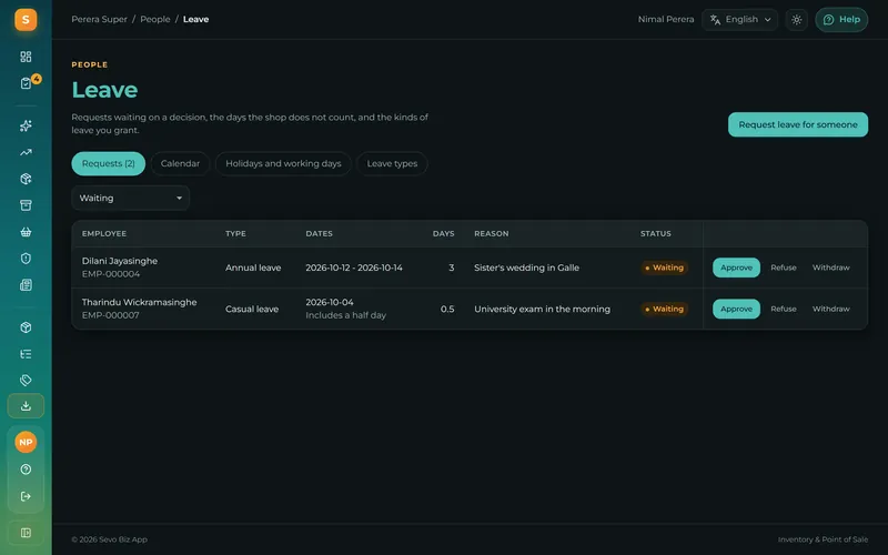 Staff request leave and you approve it, with balances worked out for you.