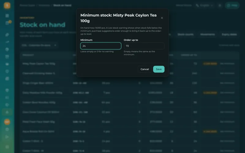 Set a minimum and a target for each item, and the system tells you when to reorder.