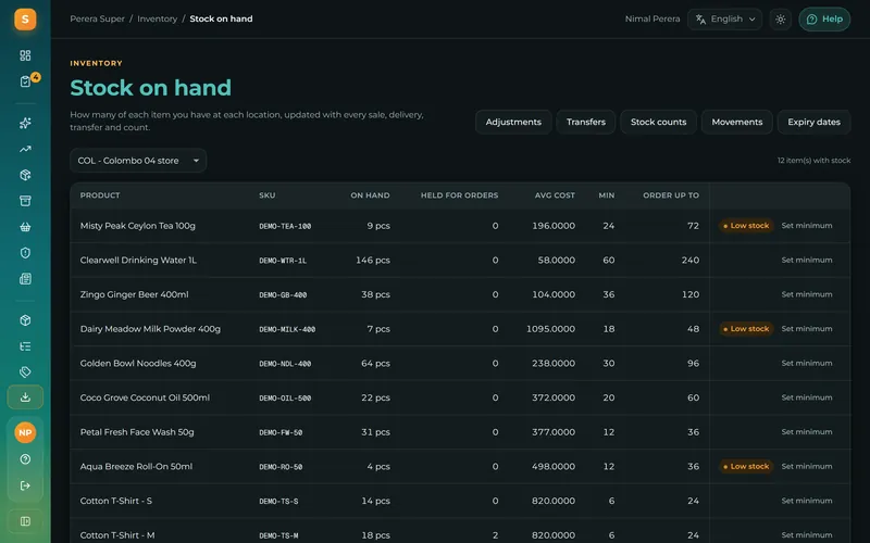 Stock at every branch at a glance, with low items flagged in red.