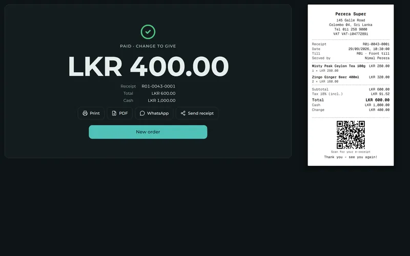The change to give in big numbers, and a receipt to print, save as PDF or send by WhatsApp.
