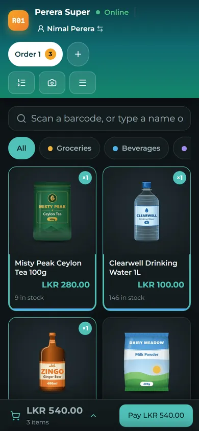 Sell from your phone at a pop-up stall or a busy Poya day, with the same catalogue and prices.