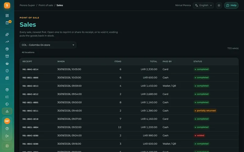 Every sale from every till, searchable, with its receipt and payment.