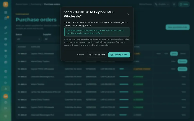 Send the order to your supplier as a PDF by e-mail in one click.