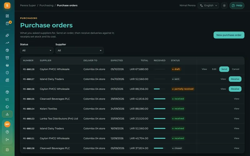 Order from suppliers and follow each order from draft to delivered.
