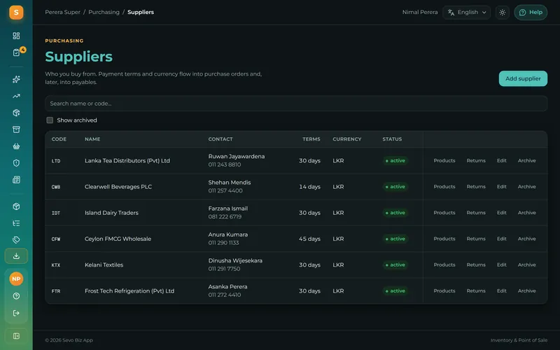 Your suppliers with contacts and payment terms.