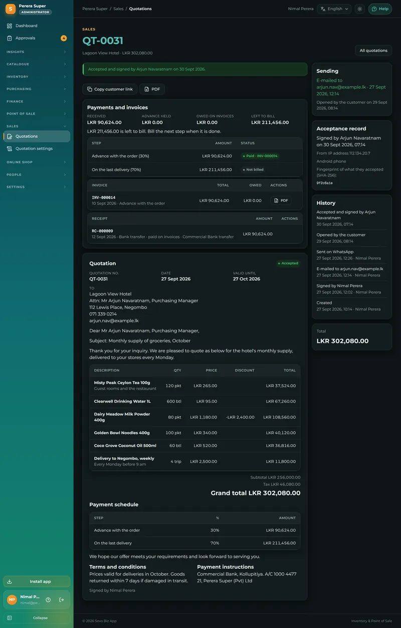 Every line, the payment schedule and the customer's signed acceptance with its history.