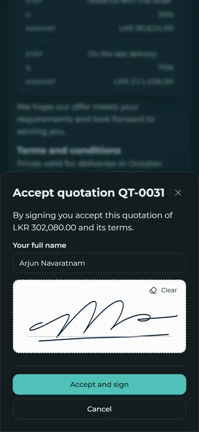 Your customer opens the link and accepts by signing with a finger, no app to install.