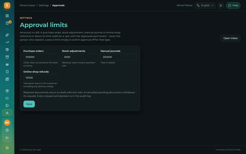 Set the amounts above which a second person must approve.